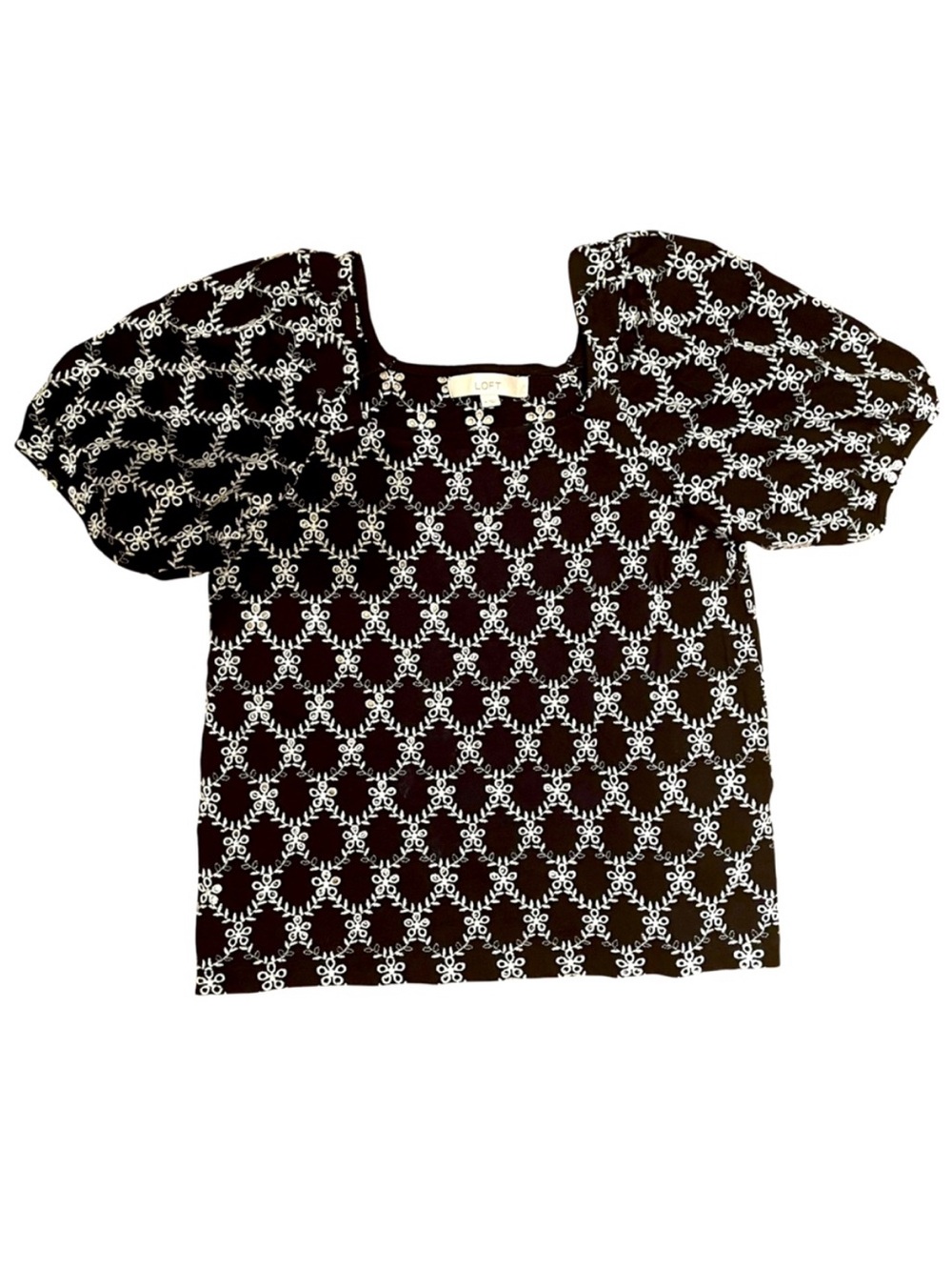 LOFT Black with White Embroidered Eyelet Square Neck Top